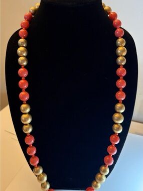 Kenneth Lane Vintage Faux Coral Orange and Matte Gold Bead Sautoir Necklace
